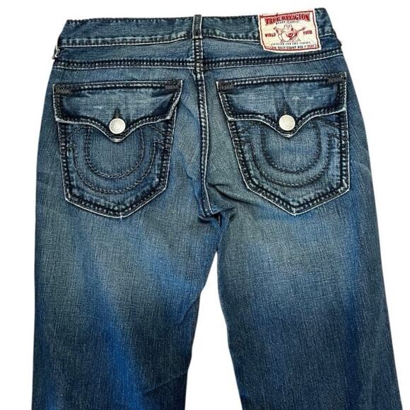 True Religion Billy Giant Big T Grey & Navy Blue Stitch Bootcut Y2K Rare Jeans - Picture 4 of 5